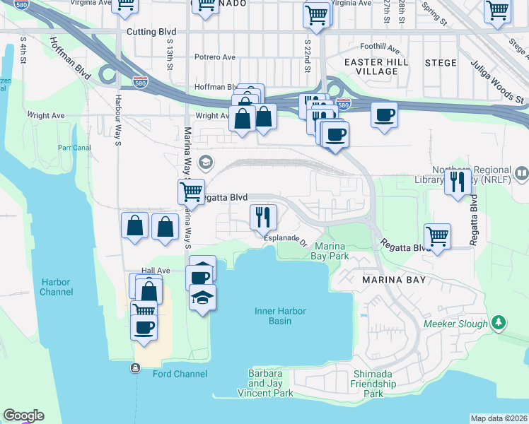 map of restaurants, bars, coffee shops, grocery stores, and more near 110 Schooner Court in Richmond