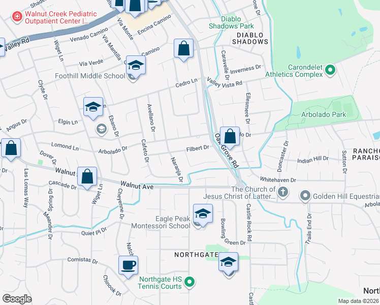 map of restaurants, bars, coffee shops, grocery stores, and more near 2930 Filbert Drive in Walnut Creek