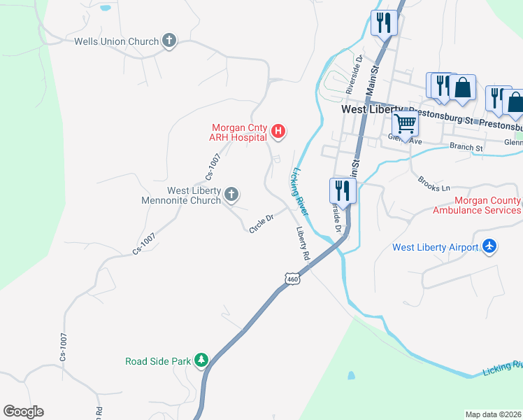 map of restaurants, bars, coffee shops, grocery stores, and more near 60 Carver Place in West Liberty