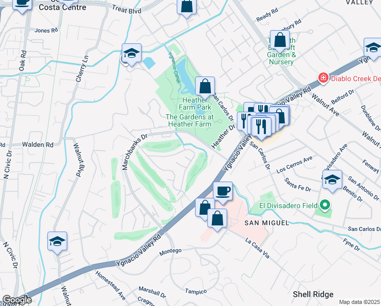 map of restaurants, bars, coffee shops, grocery stores, and more near 1573 Siskiyou Drive in Walnut Creek