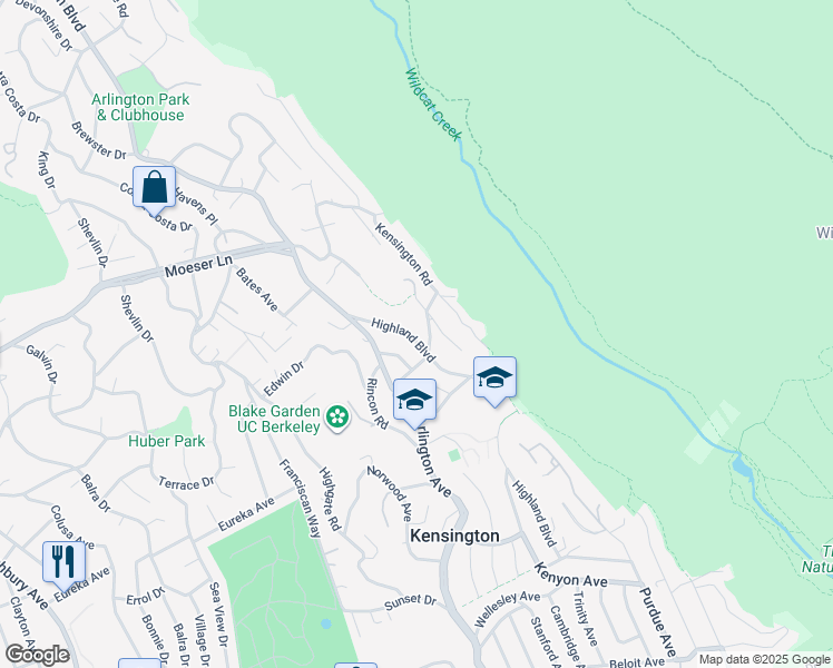 map of restaurants, bars, coffee shops, grocery stores, and more near 21 Highland Boulevard in Kensington