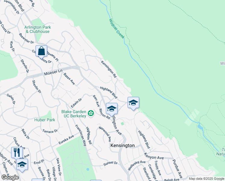 map of restaurants, bars, coffee shops, grocery stores, and more near 21 Highland Boulevard in Kensington