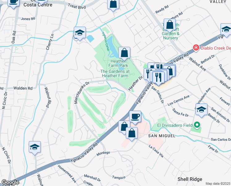 map of restaurants, bars, coffee shops, grocery stores, and more near 1573 Siskiyou Drive in Walnut Creek