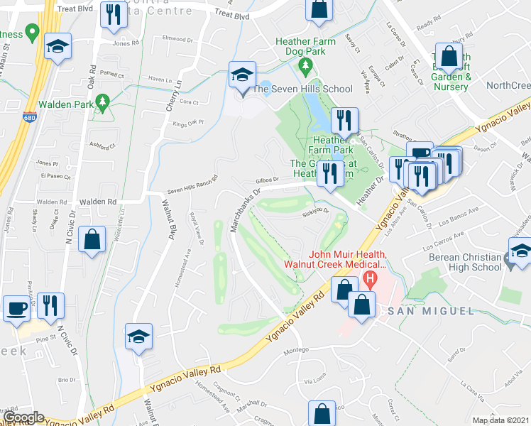 map of restaurants, bars, coffee shops, grocery stores, and more near 404 Kinross Drive in Walnut Creek