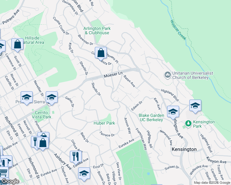 map of restaurants, bars, coffee shops, grocery stores, and more near 909 King Drive in El Cerrito