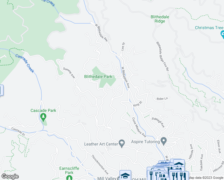 map of restaurants, bars, coffee shops, grocery stores, and more near 43 Elaine Avenue in Mill Valley