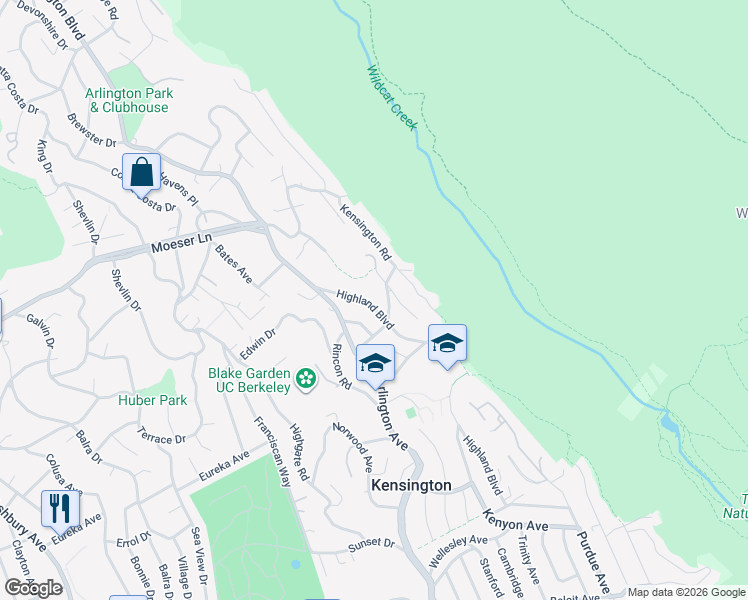 map of restaurants, bars, coffee shops, grocery stores, and more near 19 Highland Boulevard in Kensington