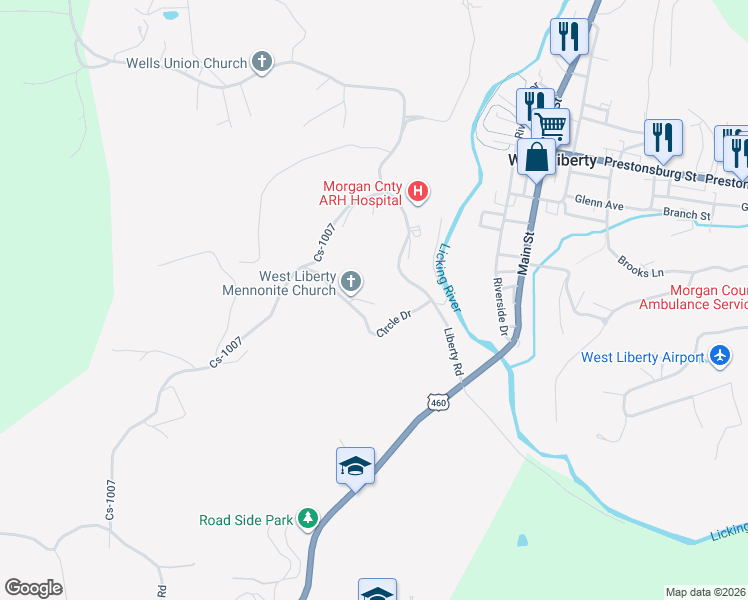 map of restaurants, bars, coffee shops, grocery stores, and more near 60 Carver Street in West Liberty
