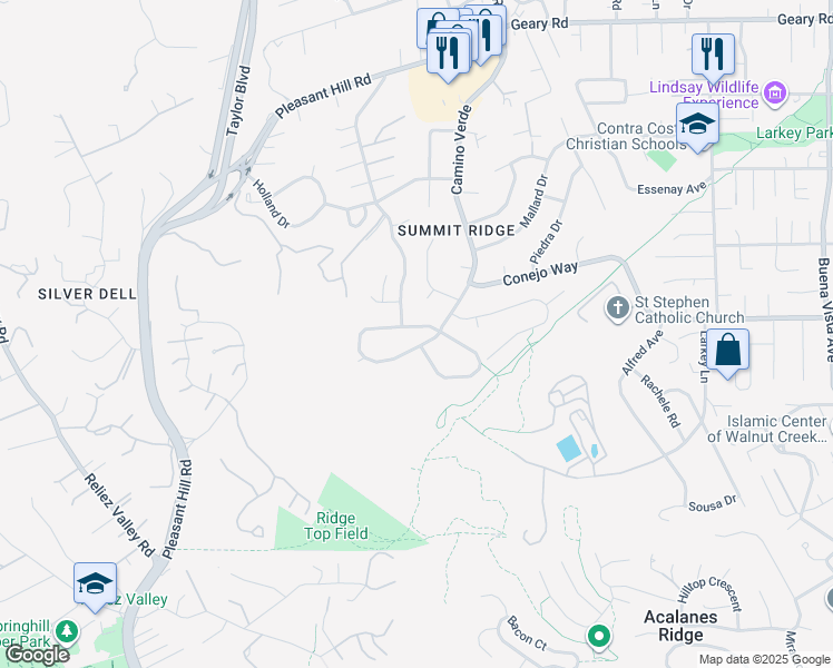 map of restaurants, bars, coffee shops, grocery stores, and more near 955 Camino Verde Circle in Walnut Creek