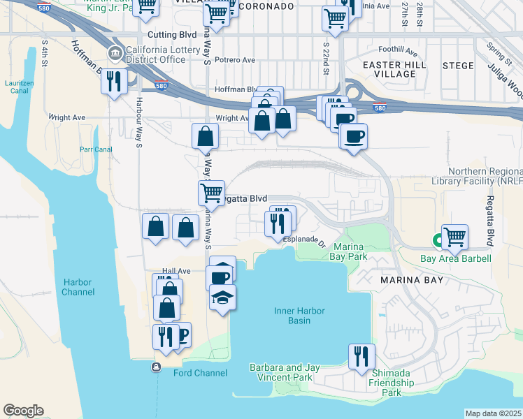 map of restaurants, bars, coffee shops, grocery stores, and more near 10 Schooner Court in Richmond