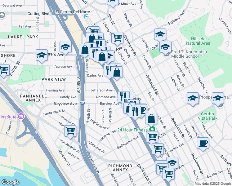 map of restaurants, bars, coffee shops, grocery stores, and more near 10963 San Pablo Avenue in El Cerrito
