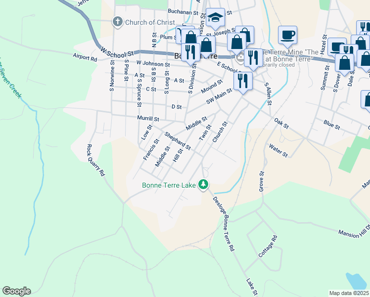 map of restaurants, bars, coffee shops, grocery stores, and more near 113 Shephard Street in Bonne Terre