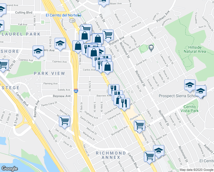 map of restaurants, bars, coffee shops, grocery stores, and more near 10963 San Pablo Avenue in El Cerrito