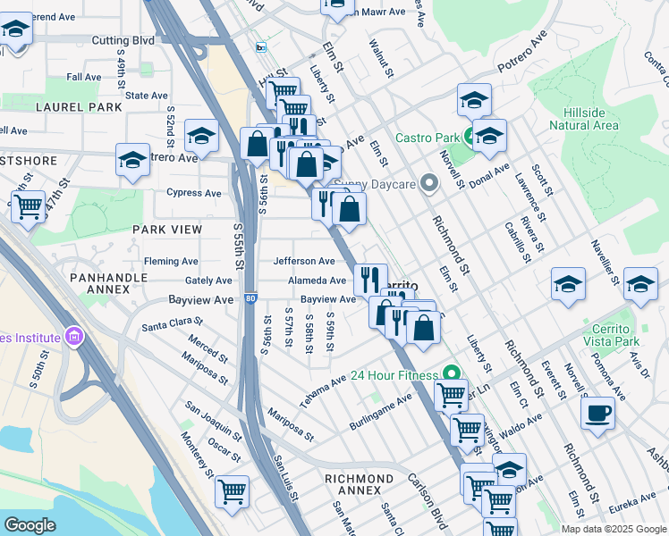 map of restaurants, bars, coffee shops, grocery stores, and more near 10963 San Pablo Avenue in El Cerrito