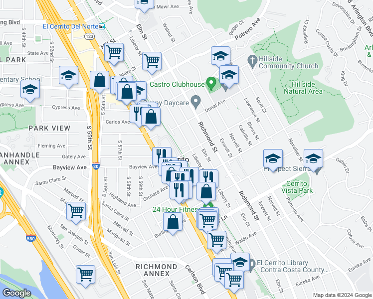 map of restaurants, bars, coffee shops, grocery stores, and more near 1317 Liberty Street in El Cerrito