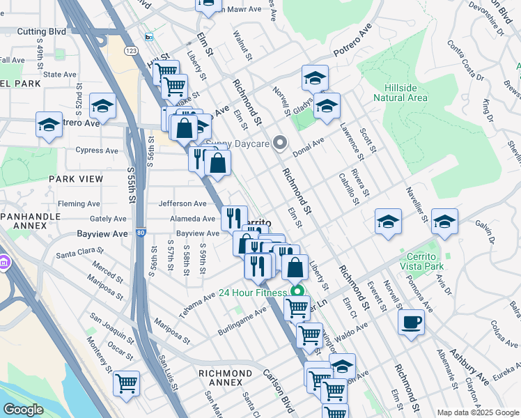 map of restaurants, bars, coffee shops, grocery stores, and more near 1317 Liberty Street in El Cerrito