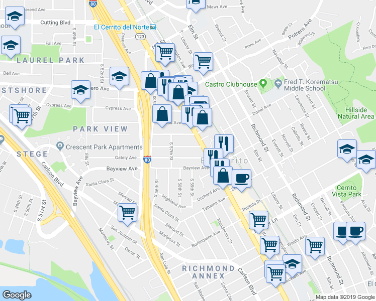 map of restaurants, bars, coffee shops, grocery stores, and more near 5732 Jefferson Avenue in Richmond