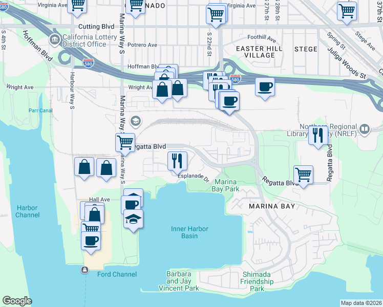 map of restaurants, bars, coffee shops, grocery stores, and more near 110 Schooner Court in Richmond