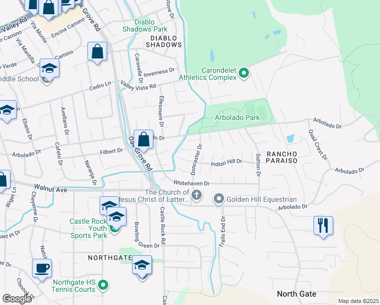 map of restaurants, bars, coffee shops, grocery stores, and more near 3369 Chamberlain Court in Walnut Creek