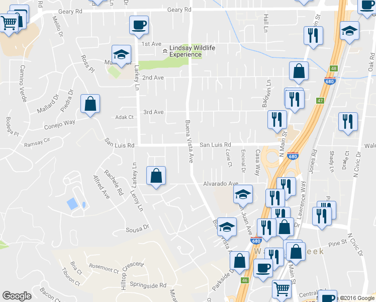 map of restaurants, bars, coffee shops, grocery stores, and more near 2591 Buena Vista Avenue in Walnut Creek
