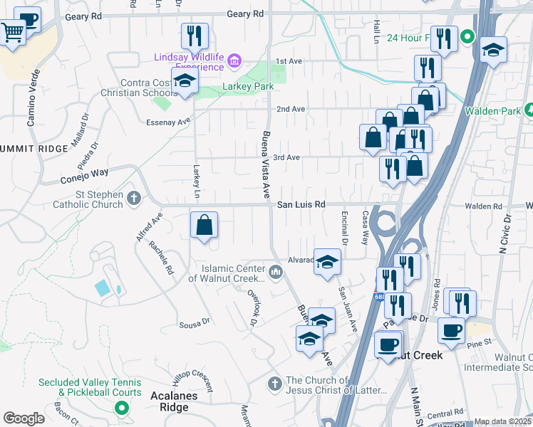 map of restaurants, bars, coffee shops, grocery stores, and more near 2591 Buena Vista Avenue in Walnut Creek