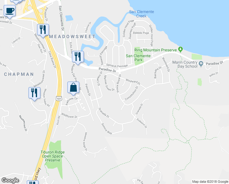 map of restaurants, bars, coffee shops, grocery stores, and more near 112 Mariner Green Drive in Corte Madera
