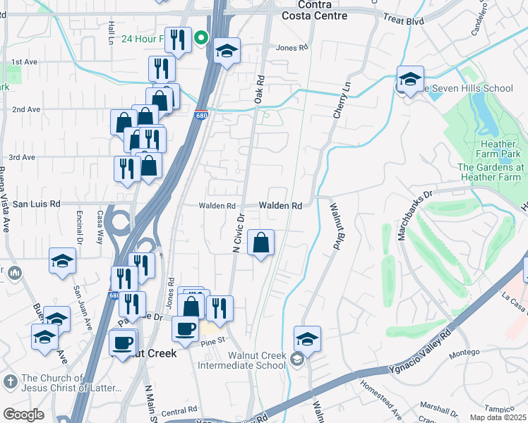 map of restaurants, bars, coffee shops, grocery stores, and more near 10 Joann Court in Walnut Creek