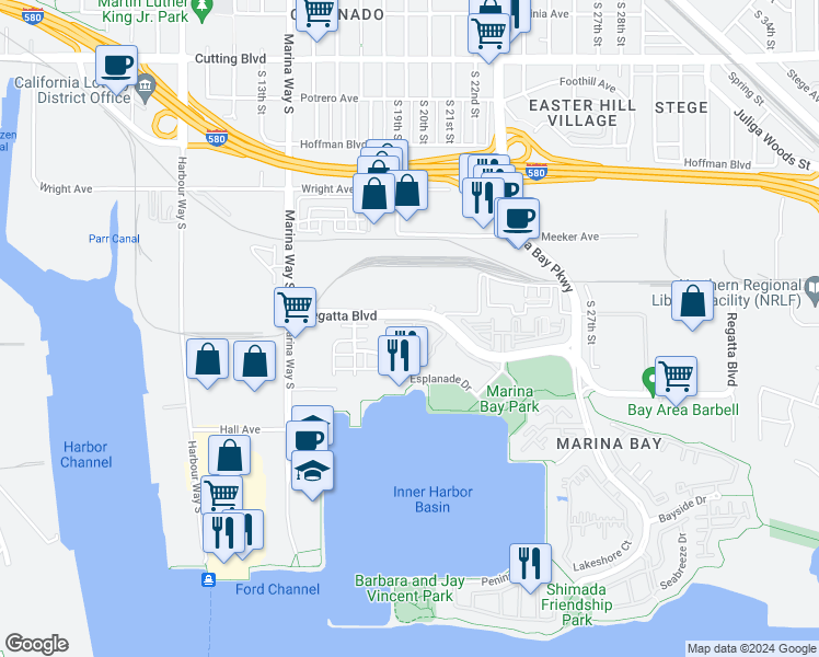 map of restaurants, bars, coffee shops, grocery stores, and more near 68 Schooner Court in Richmond