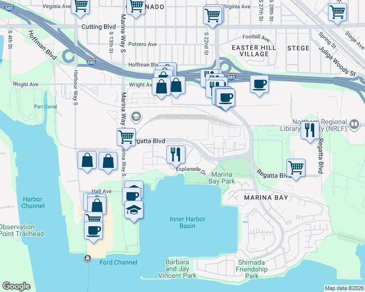 map of restaurants, bars, coffee shops, grocery stores, and more near 110 Schooner Court in Richmond