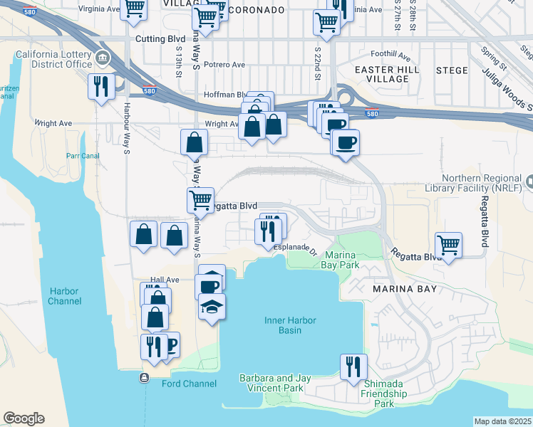 map of restaurants, bars, coffee shops, grocery stores, and more near 6 Schooner Court in Richmond