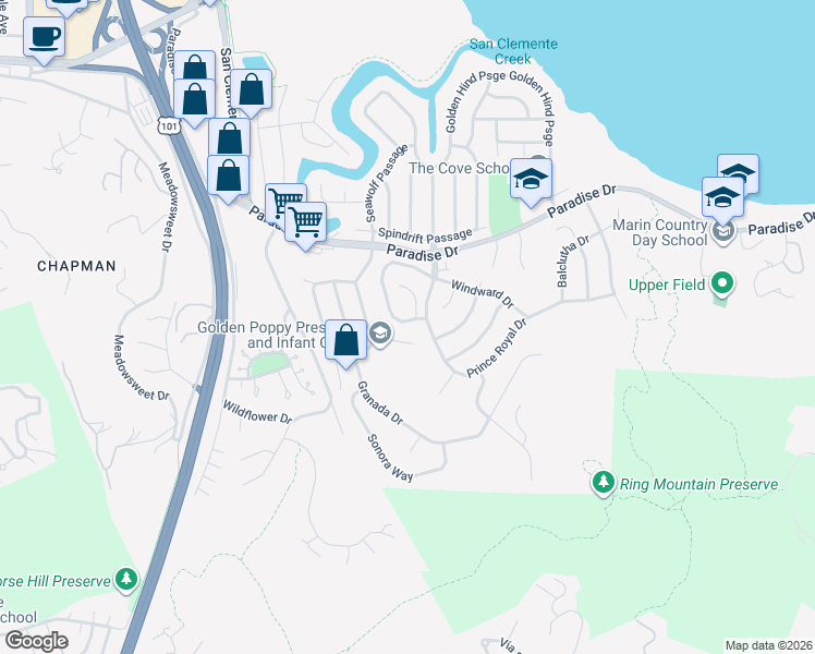 map of restaurants, bars, coffee shops, grocery stores, and more near 112 Mariner Green Drive in Corte Madera