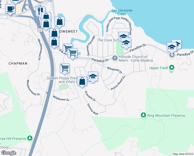 map of restaurants, bars, coffee shops, grocery stores, and more near 104 Mariner Green Drive in Corte Madera