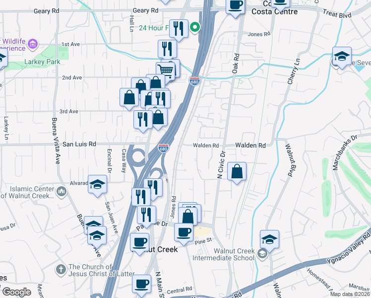 map of restaurants, bars, coffee shops, grocery stores, and more near 1425 Walden Road in Walnut Creek