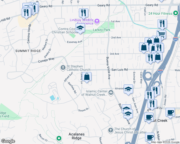 map of restaurants, bars, coffee shops, grocery stores, and more near 1952 Montclair Court in Walnut Creek
