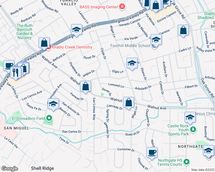 map of restaurants, bars, coffee shops, grocery stores, and more near 2233 Lomond Lane in Walnut Creek