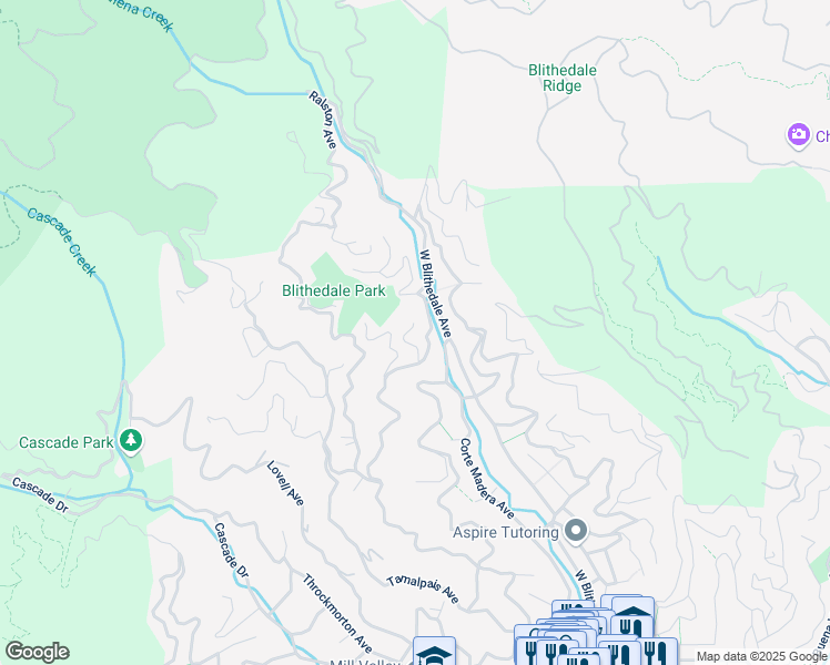 map of restaurants, bars, coffee shops, grocery stores, and more near 50 Rowan Way in Mill Valley
