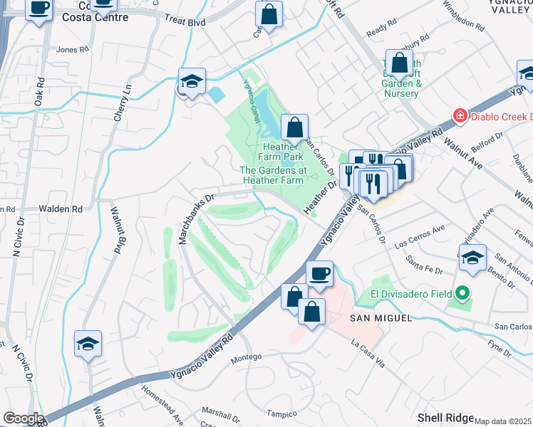 map of restaurants, bars, coffee shops, grocery stores, and more near 1564 Siskiyou Drive in Walnut Creek