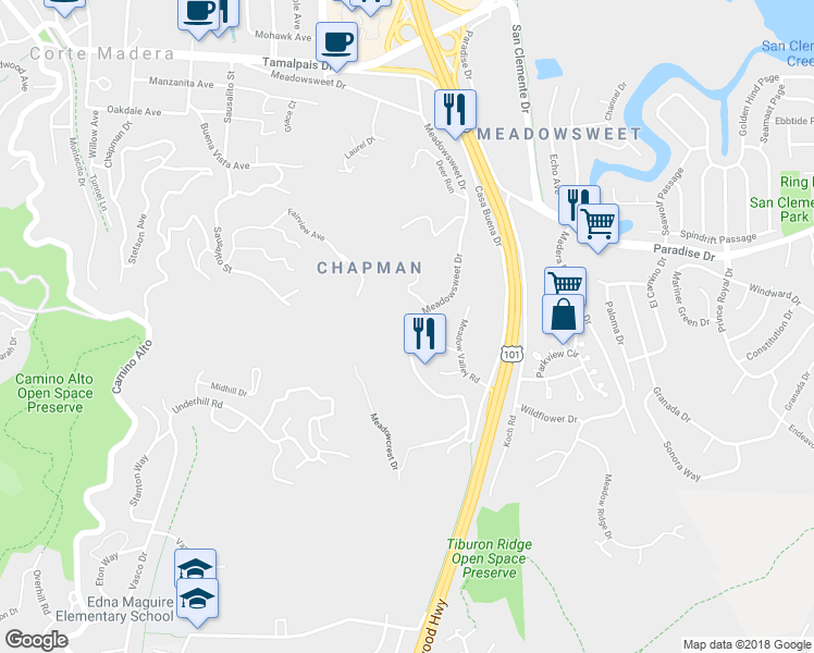 map of restaurants, bars, coffee shops, grocery stores, and more near 1025 Meadowsweet Drive in Corte Madera