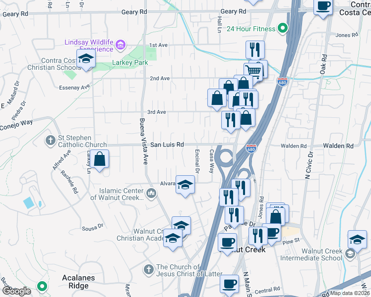 map of restaurants, bars, coffee shops, grocery stores, and more near in Walnut Creek