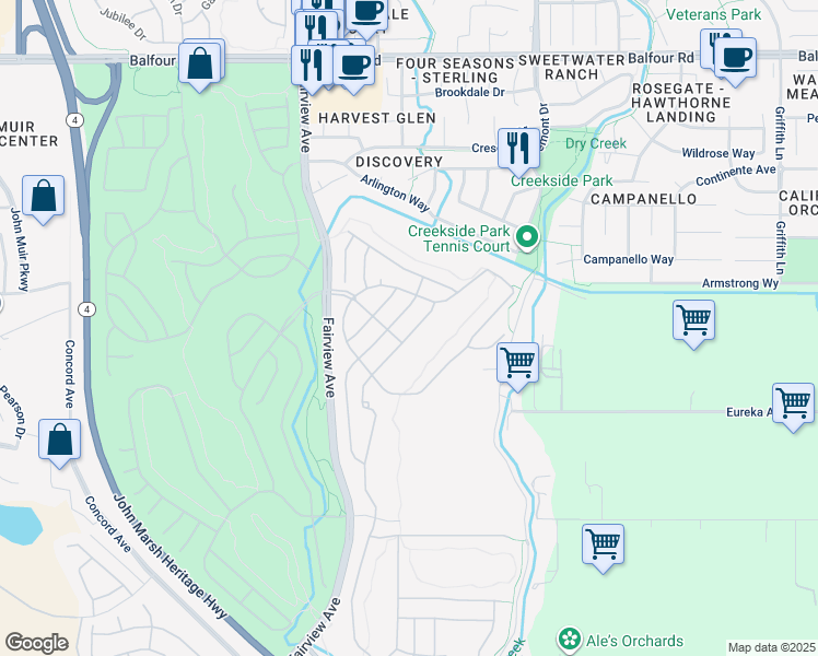 map of restaurants, bars, coffee shops, grocery stores, and more near 559 Quindell Way in Brentwood
