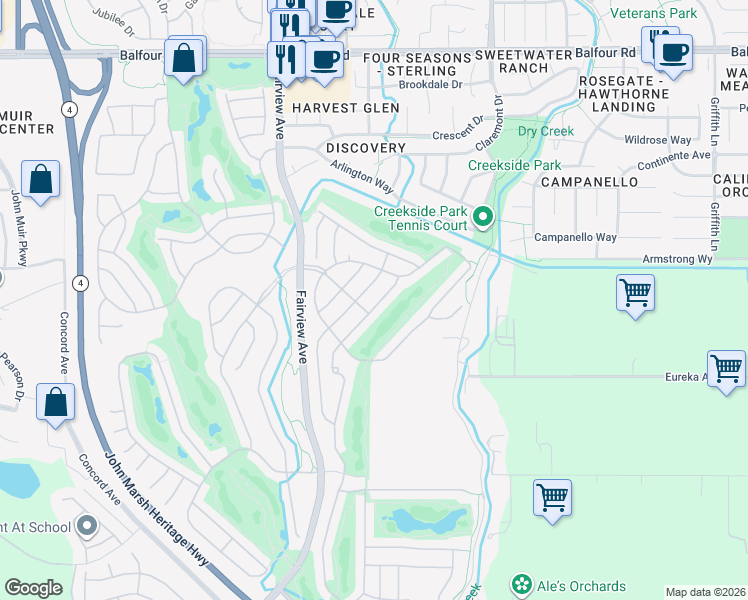 map of restaurants, bars, coffee shops, grocery stores, and more near 559 Quindell Way in Brentwood