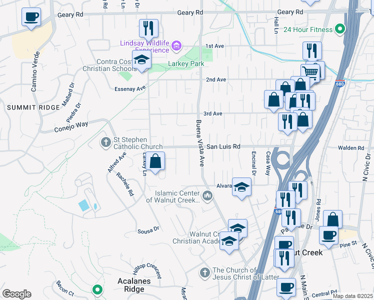 map of restaurants, bars, coffee shops, grocery stores, and more near 1821 San Luis Road in Walnut Creek