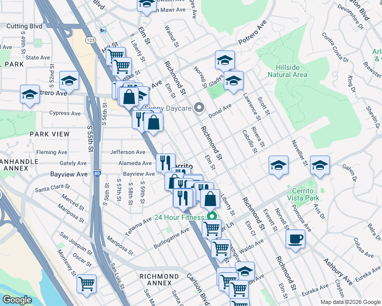 map of restaurants, bars, coffee shops, grocery stores, and more near 1317 Liberty Street in El Cerrito