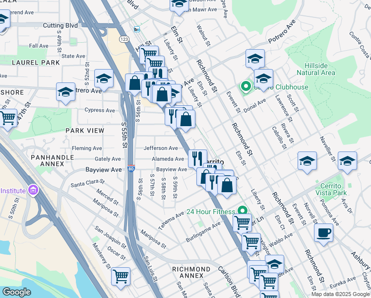 map of restaurants, bars, coffee shops, grocery stores, and more near 10963 San Pablo Avenue in El Cerrito