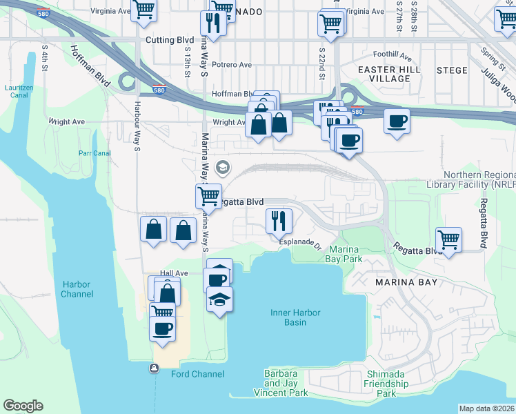 map of restaurants, bars, coffee shops, grocery stores, and more near 6 Schooner Court in Richmond