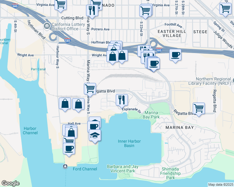 map of restaurants, bars, coffee shops, grocery stores, and more near 6 Schooner Court in Richmond