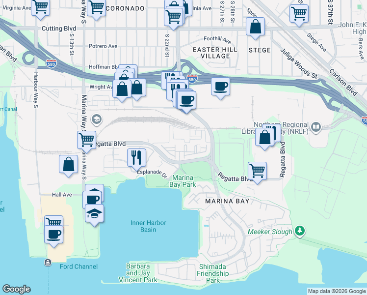 map of restaurants, bars, coffee shops, grocery stores, and more near 2507 Baywood Way in Richmond