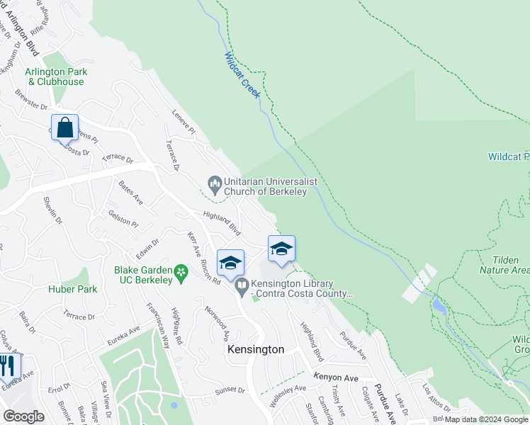 map of restaurants, bars, coffee shops, grocery stores, and more near 27 Kensington Court in Kensington