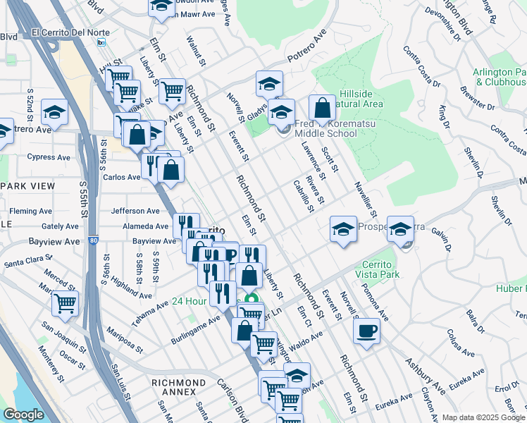 map of restaurants, bars, coffee shops, grocery stores, and more near 1234 Richmond Street in El Cerrito