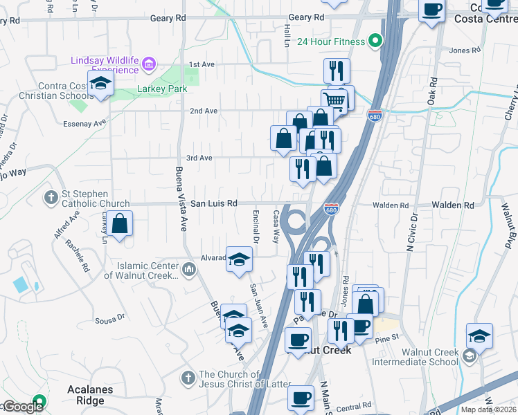 map of restaurants, bars, coffee shops, grocery stores, and more near 2488 Encinal Drive in Walnut Creek